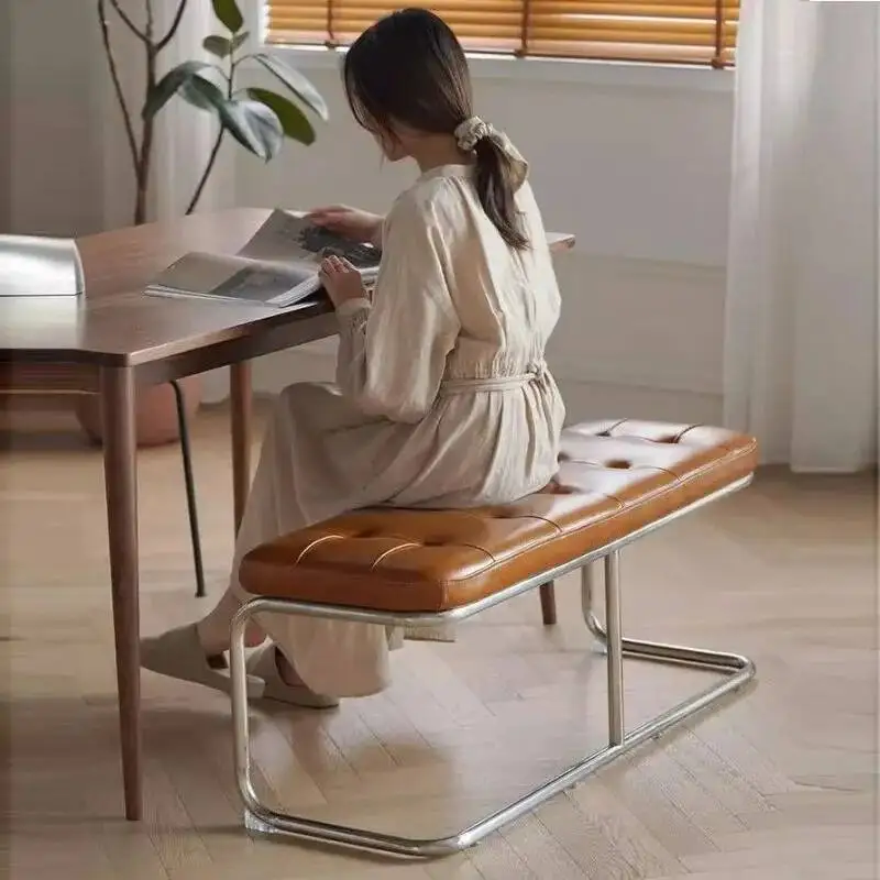 Nordic Style Leather Upholstered Bench Stainless Steel Frame Entryway Bench Tufted Accent Bench for Bedroom Living Room