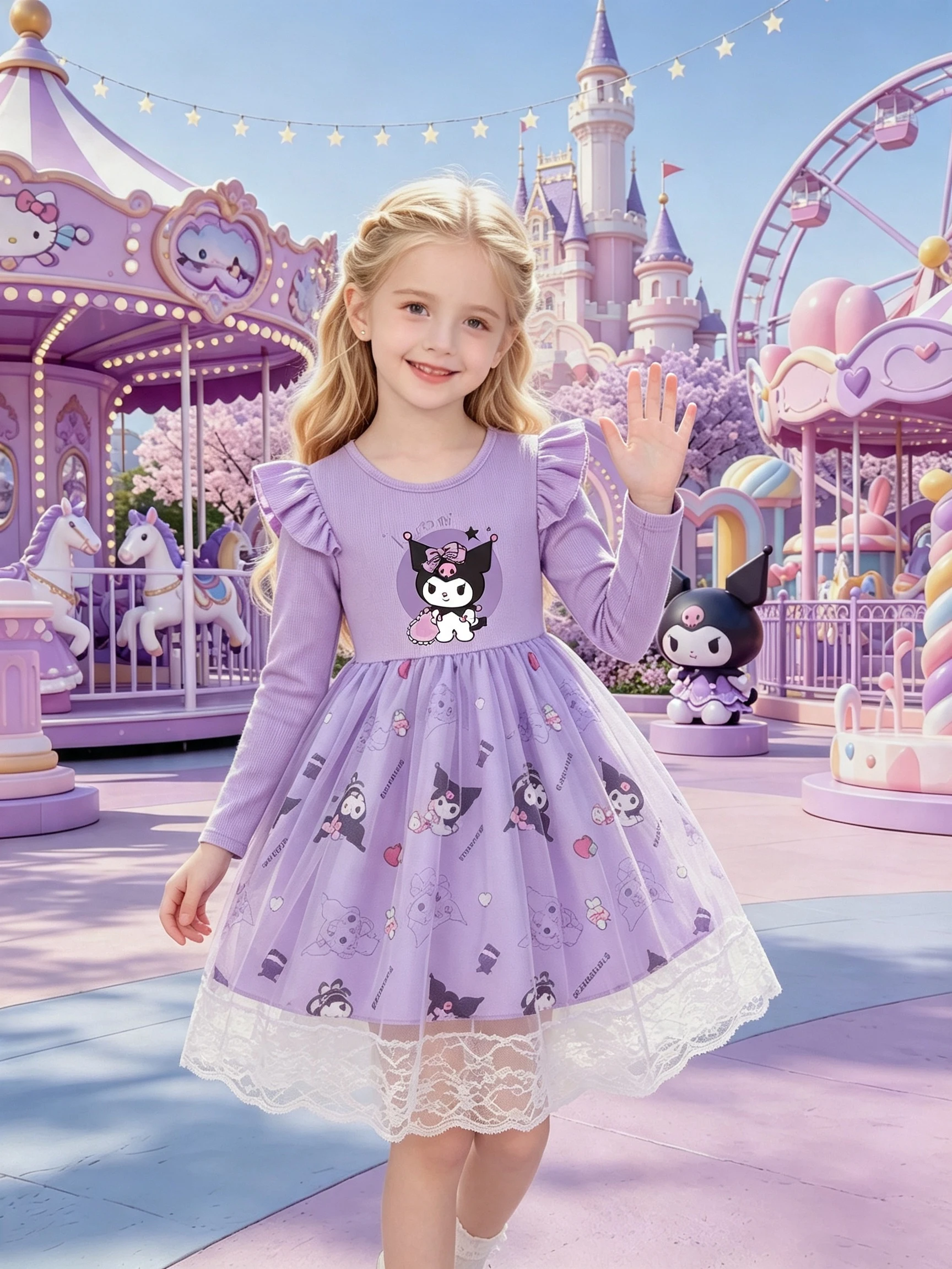 Spring Girls' Spliced Tulle Dress, Kuromi Cartoon Print Flutter Sleeve Lace Trim Sweet Kids' Puffy Skirt