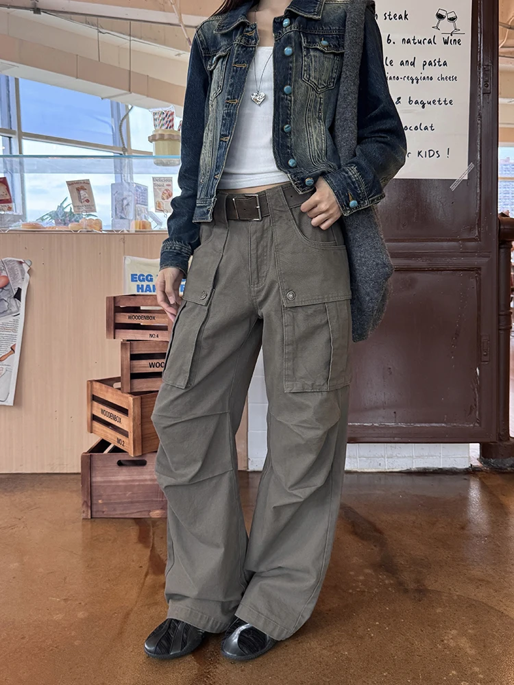 

URKR Американские рабочие брюки в стиле ретро, женские свободные прямые брюки, мужские повседневные брюки, широкие брюки с большими кетами