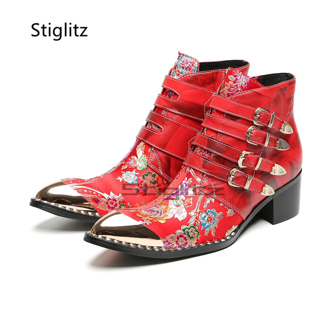 

Multi Belt Buckle Print Men's Boots Patchwork Genuine Leather High Heels Metal Toe Ankle Boots Side Zip Red Wedding Male Shoes
