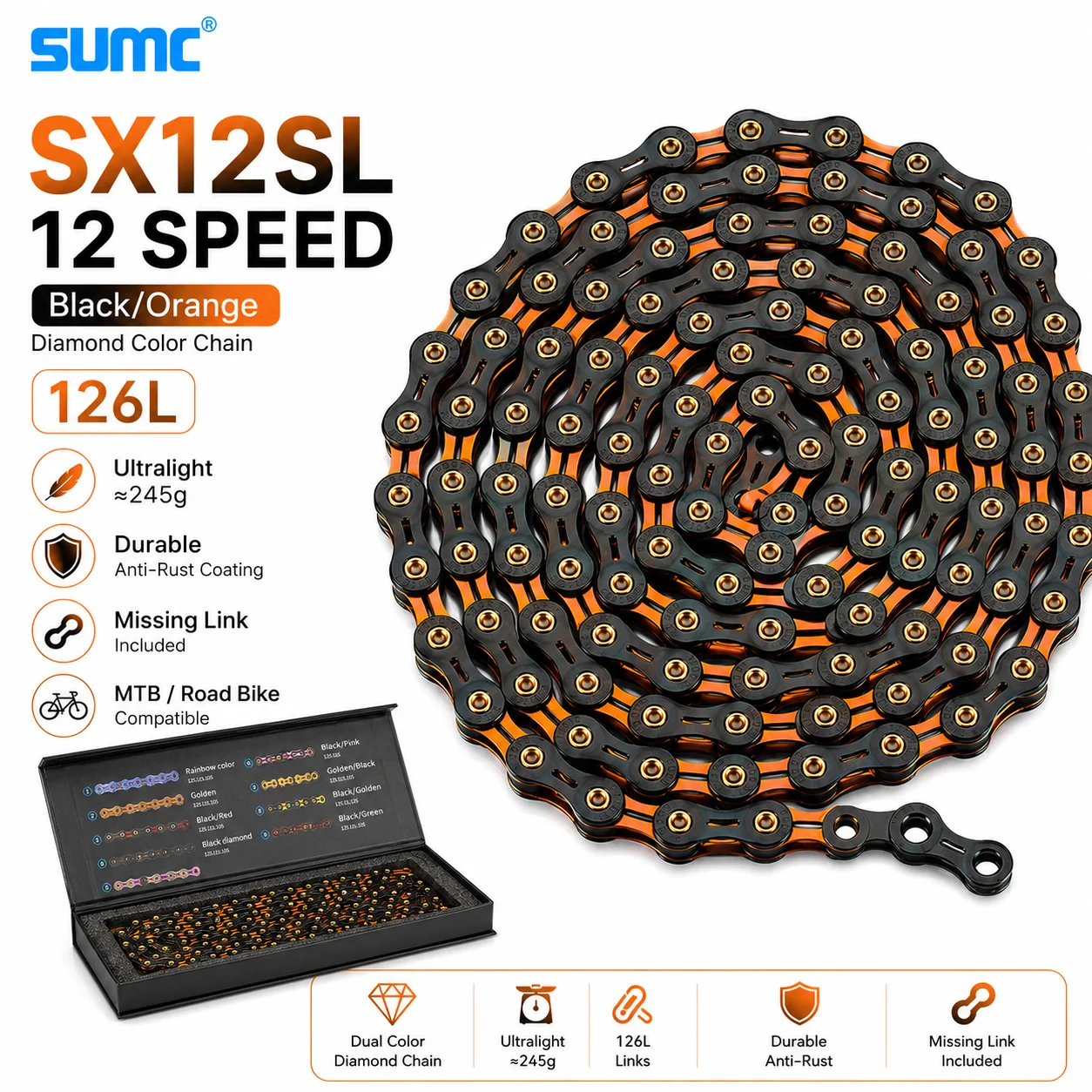 SUMC SX12SL 12 Speed Bicycle Chain 126L Black Orange Diamond