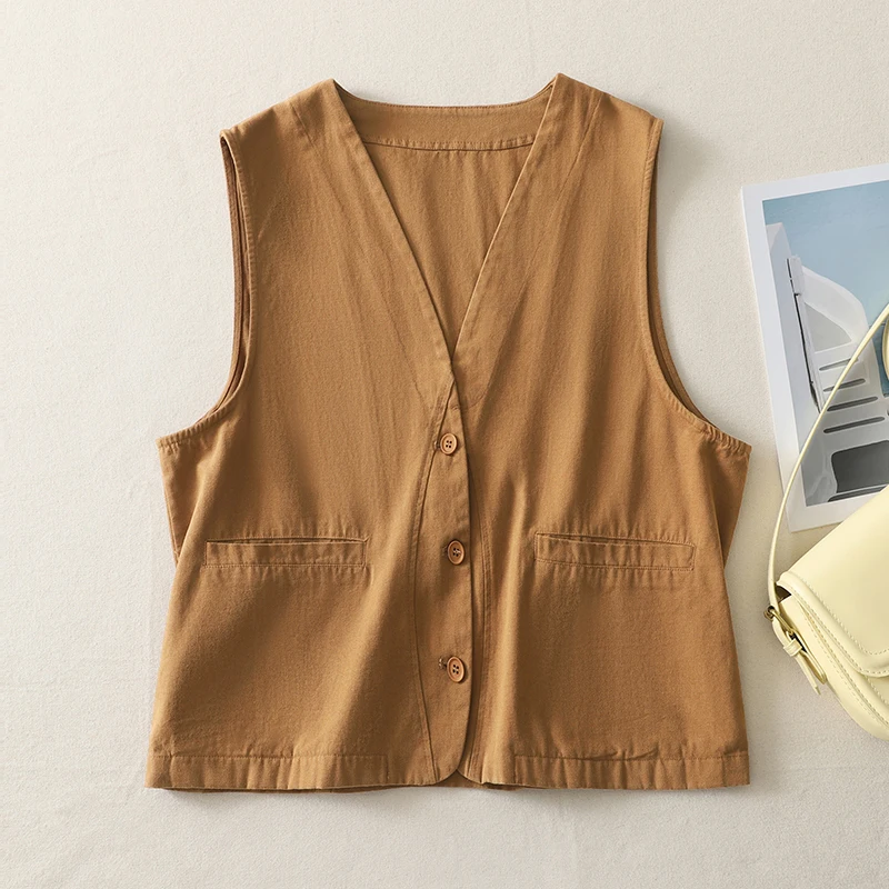 

White Yellow Khaki Navy Blue Cotton Cargo Vest For Women Spring Autumn V-neck Sleeveless Cardigan Jacket Coat Big Size Cover Top
