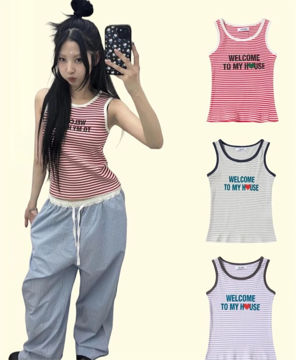 

Korean Ae Designer Letter Striped Top Summer Fashion Streetwear Spicy Girl Crop Top Casual Trendy Y2k Tank Top Women Vest