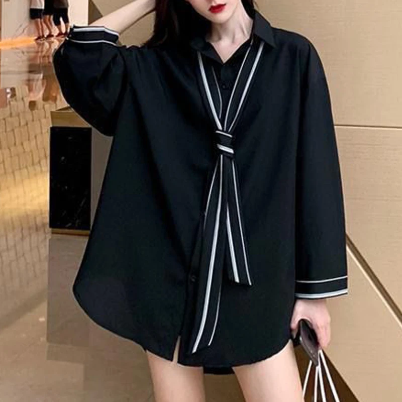 Women Korean Fashion Lace Up Chic Elegant Shirts Casual Streetwear Oversized Harajuku Blouses Female Y2K Solid Long Sleeve Tops