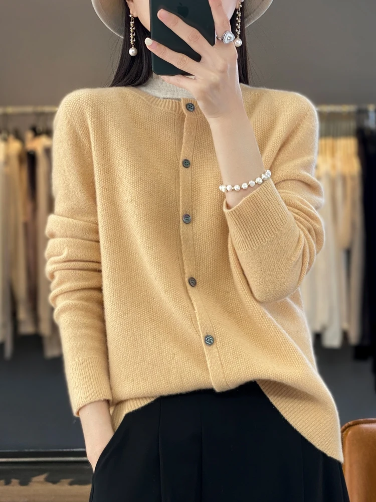 New Chic Women Cardigan Autumn Winter O-neck Long Sleeve Sweater 100% Merino Wool Grace Cashmere Knitwear Female Clothing Tops