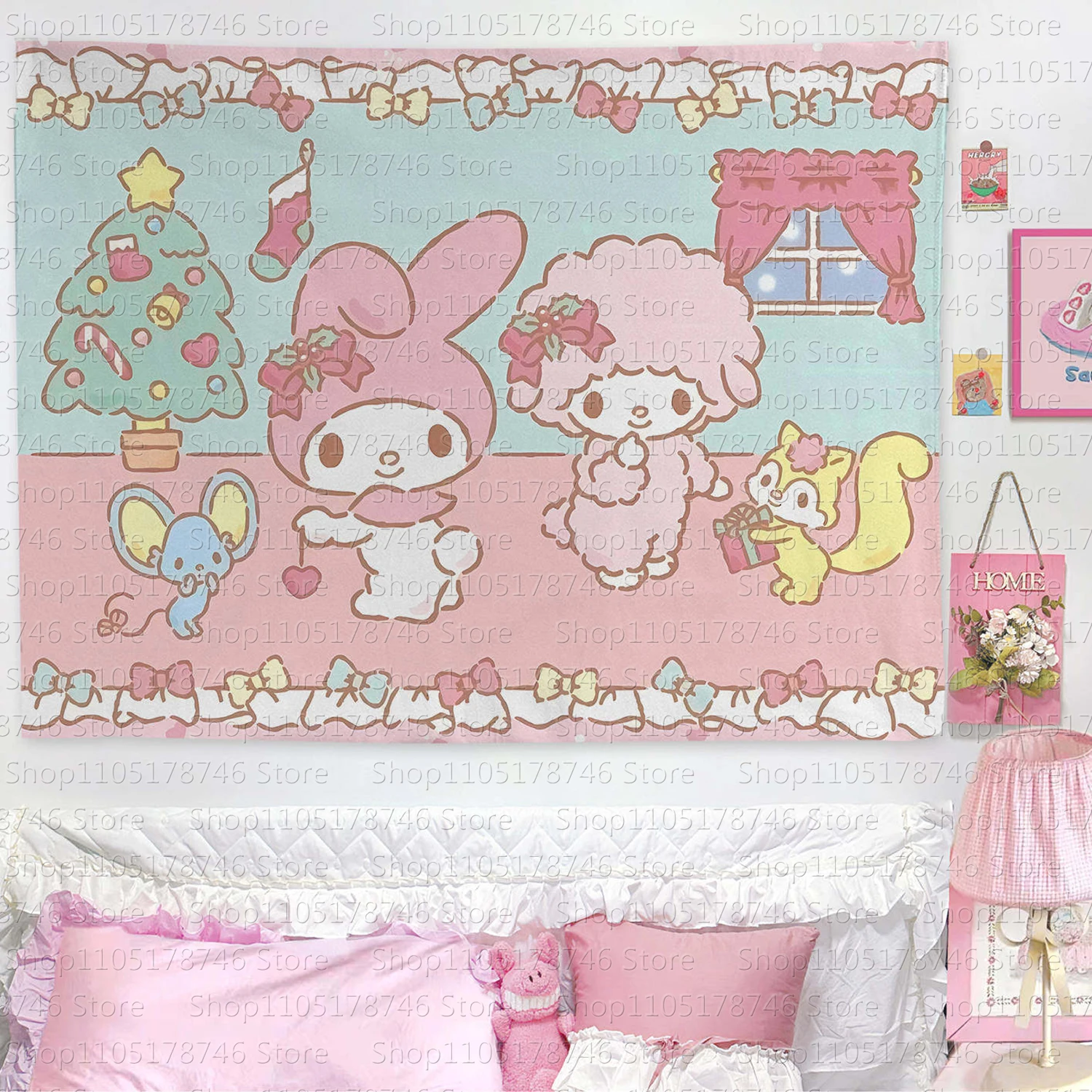 Sanrio Melody and Sweetheart Piano Bedruckter Wandteppich, Cartoon-Thema, Schlafzimmerdekoration, geeignet für die Heimdekoration im Schlafsaal