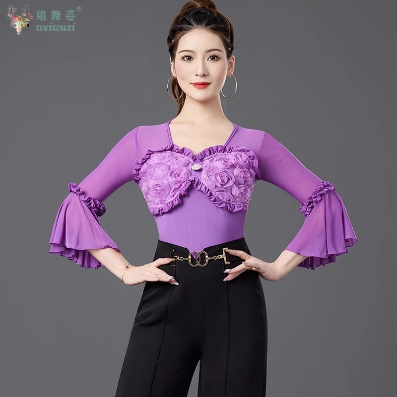 Latin Danskostuum Vrouwen Lange Mouwen Jumpsuit Top Ballroom Dans Cha Samba Rumba Competitie Kleding Praktijk Eendelige Slijtage