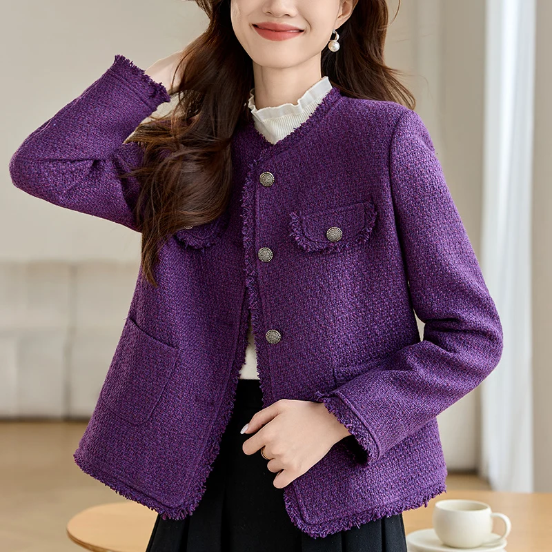 Nuevo Abrigo corto de Tweed morado con cuello redondo para mujer de alta calidad, chaquetas de lana tejidas de manga larga con borlas de otoño y una hilera de botones
