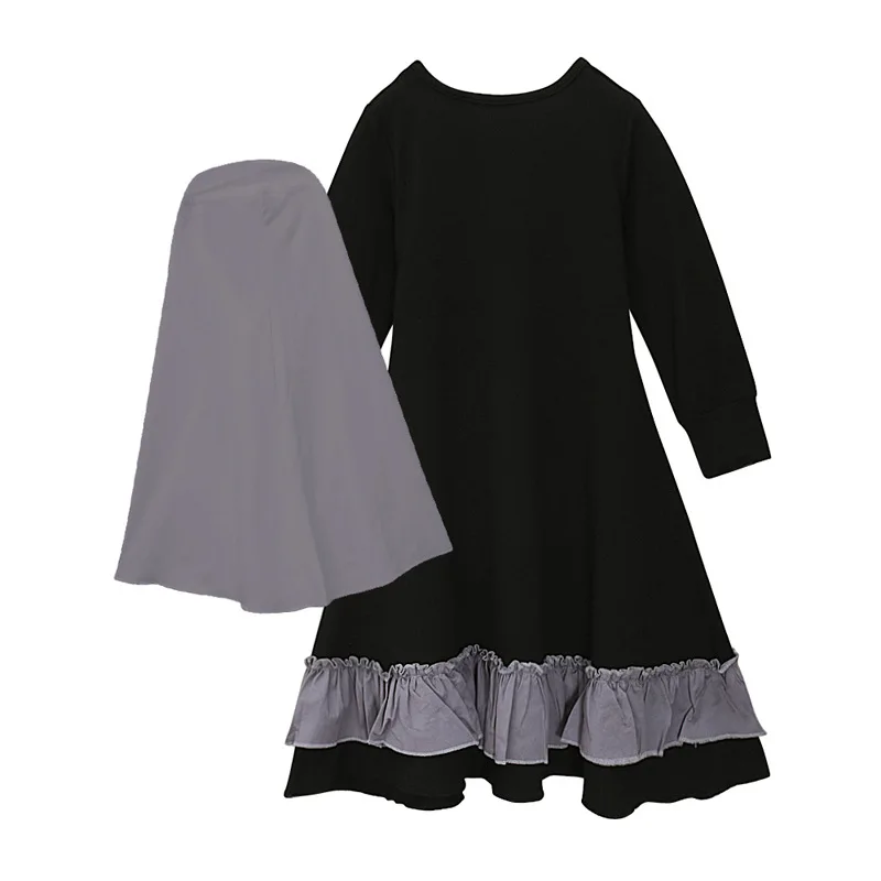 2 Piece Little Girls Muslim Sets Black Abaya Dress for Children Scarf Robes Prayer Set Kids with Belt Bow Loose Abayas Ramadan
