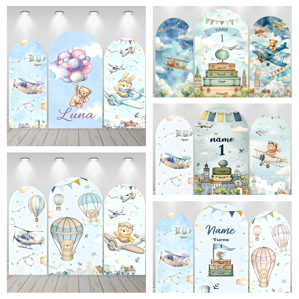 Adventure Theme Party Arch Backdrop Pilot Bear Hot Air Balloon Luggage Children's 1st Birthday Party Decoration Photography Prop