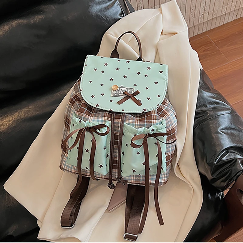 

Richme Vintage Women Backpacks 2025 Trend Plaid Mint Color Mochilas Para Mujer Fashion New Design Ribbon Bow Commute Bag Female