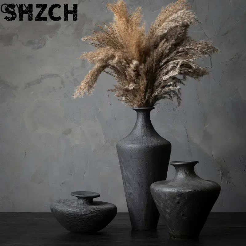 Zen Vintage Handcrafted Ceramic Vase, Black Floral Wabi-Sabi Style, B&B/Hotel & Chambre Decorative Ornament