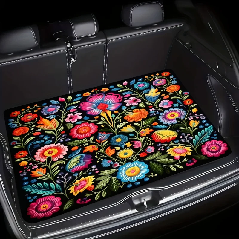 VIKAMA Mexican Floral Car Trunk Mat Non Slip Dirt Trapping Cargo Liner Mat for SUV Truck Van Automotive Decor Rug