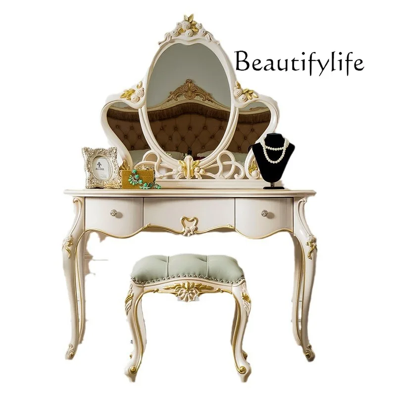 

French dresser carved European bedroom makeup table stool combination solid wood dressing table dressing mirror