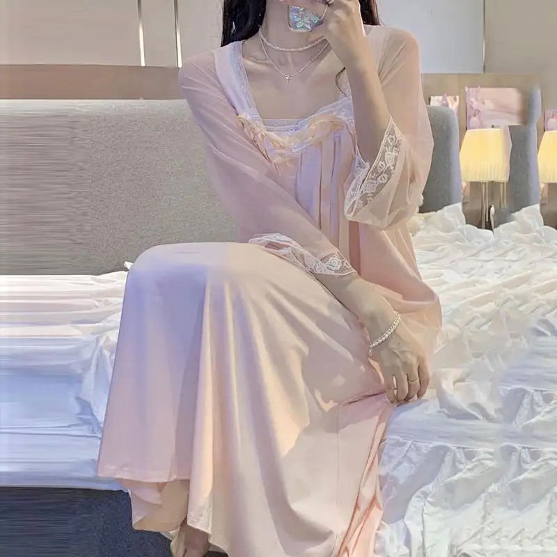 

Ночная рубашка в дворцовом стиле для женщин, стиль французской принцессы, свободная тонкая пижама с длинными рукавами, одежда для сна, платье, женский наряд, женская одежда