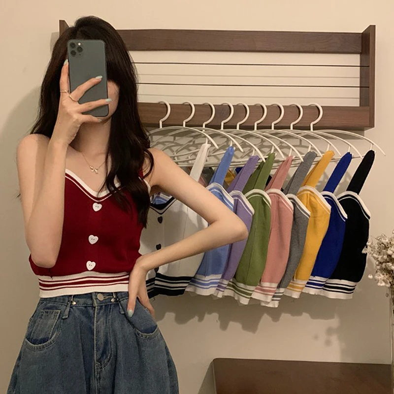 

Tank Tops Women Summer Fashion Cute Knitted Love Button Tight Casual Vest Crop Top Camisole Female