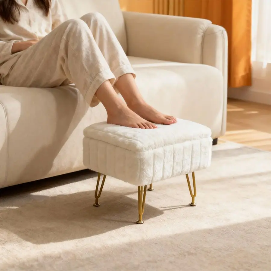 

Small Foot Stool Ottoman with Storage, Foot Rest for Couch and Chair, White Faux Fur Storage Ottoman with Gold Metal Legs and Pa