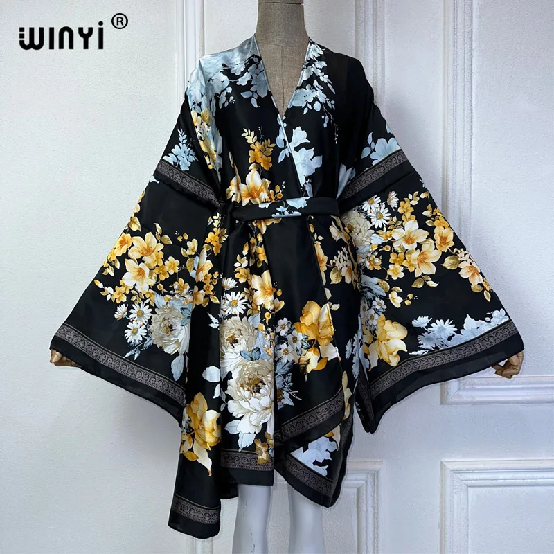 WINYI letnie kimono afrykańskie sukienka z nadrukiem plażowe boho elegancki kardigan stroje plażowe wakacyjne dla kobiet okrycie plażowe abaya