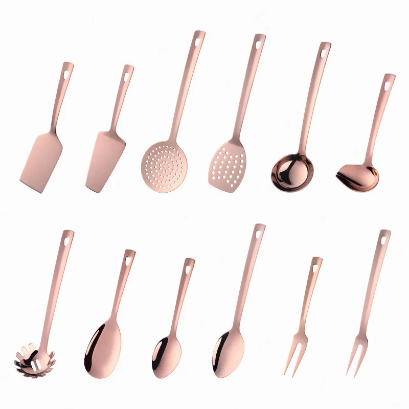 

Rose Gold Home Kitchen Cookware Shovel Large Soup Spoon Colander 12Pcs Mirror Stainless Steel Cooking Tool Set Dropshipping