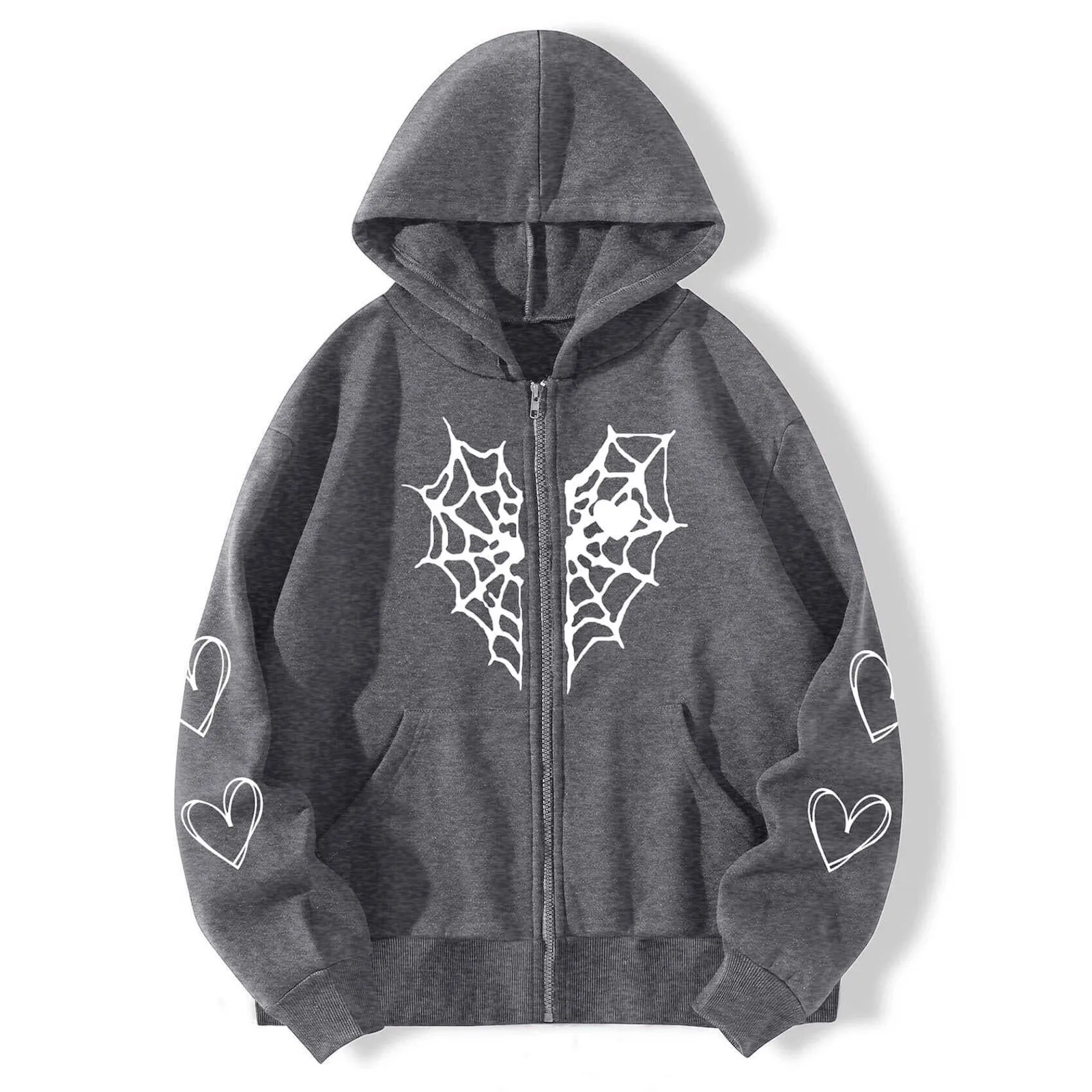 

Women Heart Print Gothic Style Long Sleeve Hoodlies Zipper Thermal Hoodie With Pocket Coat Long Zipper Hoodies Women