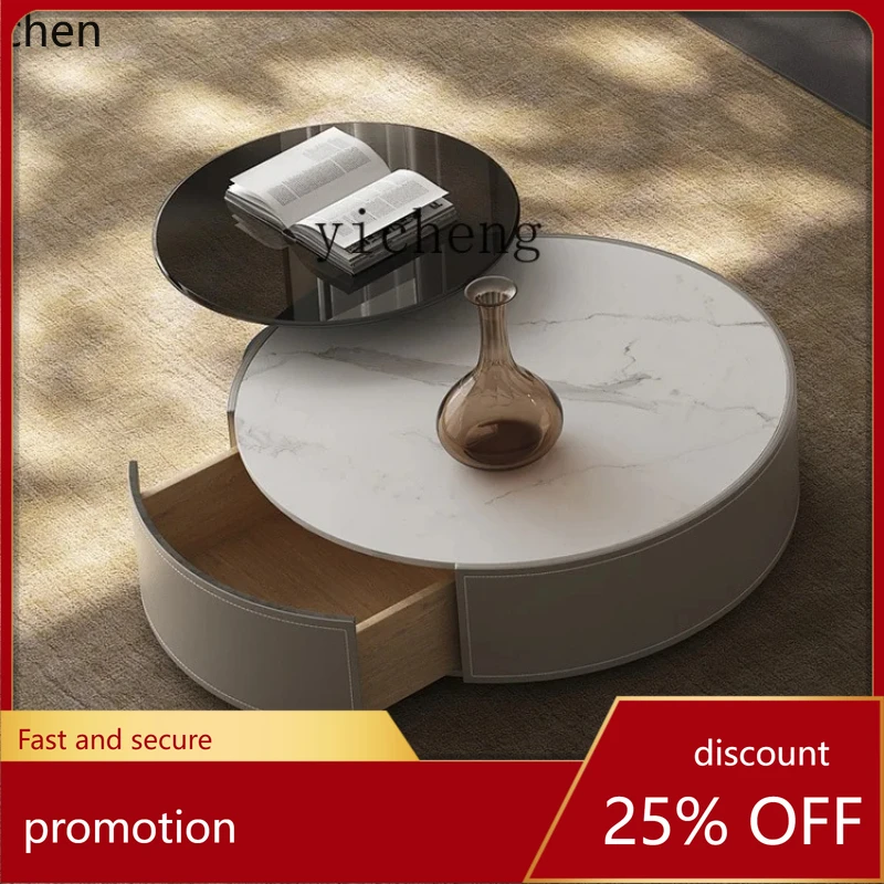 

HXL modern cream style coffee table rock slab round coffee table combination light luxury high-end round living room