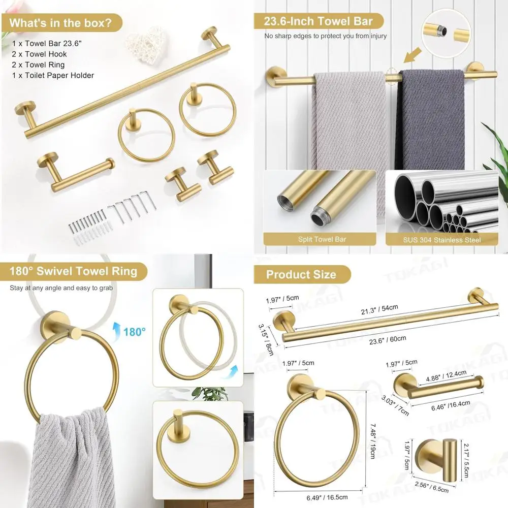 

6-Piece Brushed Gold Bathroom Accessory Set with 23.6 Stainless Steel Towel Bar, Wall-Mounted
