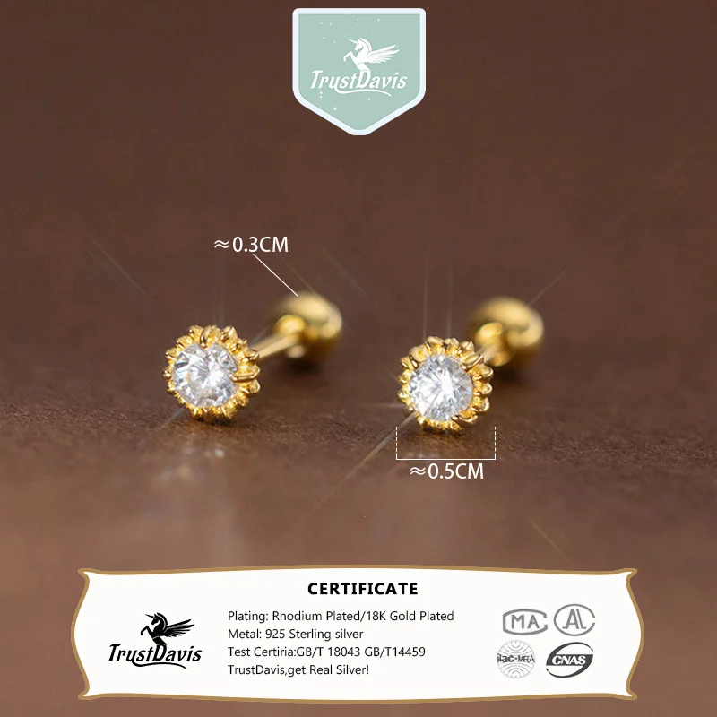 Trustdavis Real 925 Silver Classic White Zircon Threads Stud Earrings for Women Daily Wear Jewelry Gift DS4464