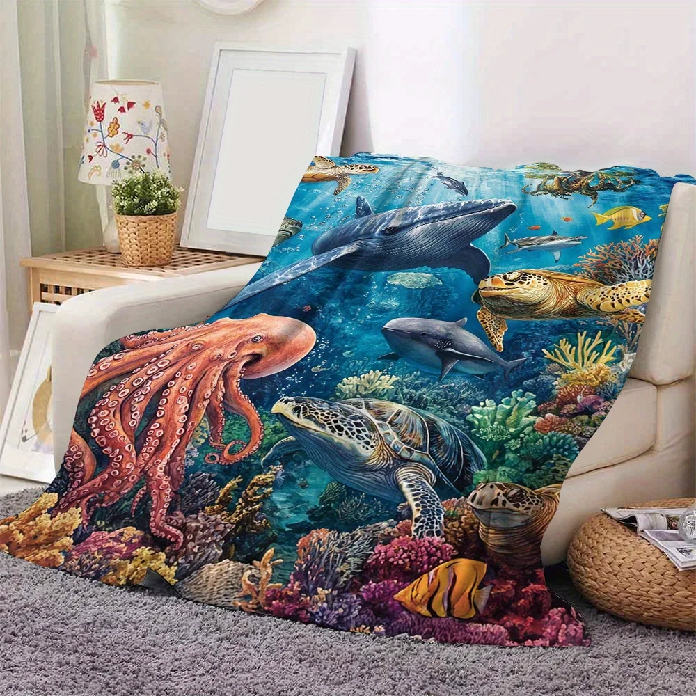 Ocean Theme Flannel Fleece Throw Blanket Lightweight Soft Polyester Bed Cover with Underwater Sea Life Digital Print