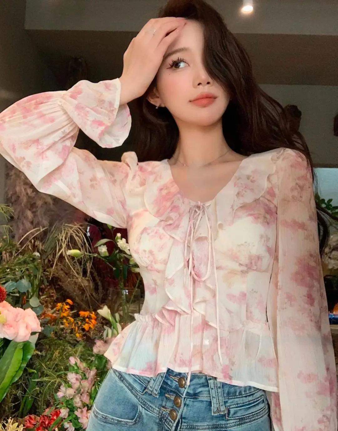 Blouse Chiffon Print Elegant Vintage Women Flare Sleeve Fairy Sweet Blouse Female Ruffles France Style Causal Tops Summer 2024