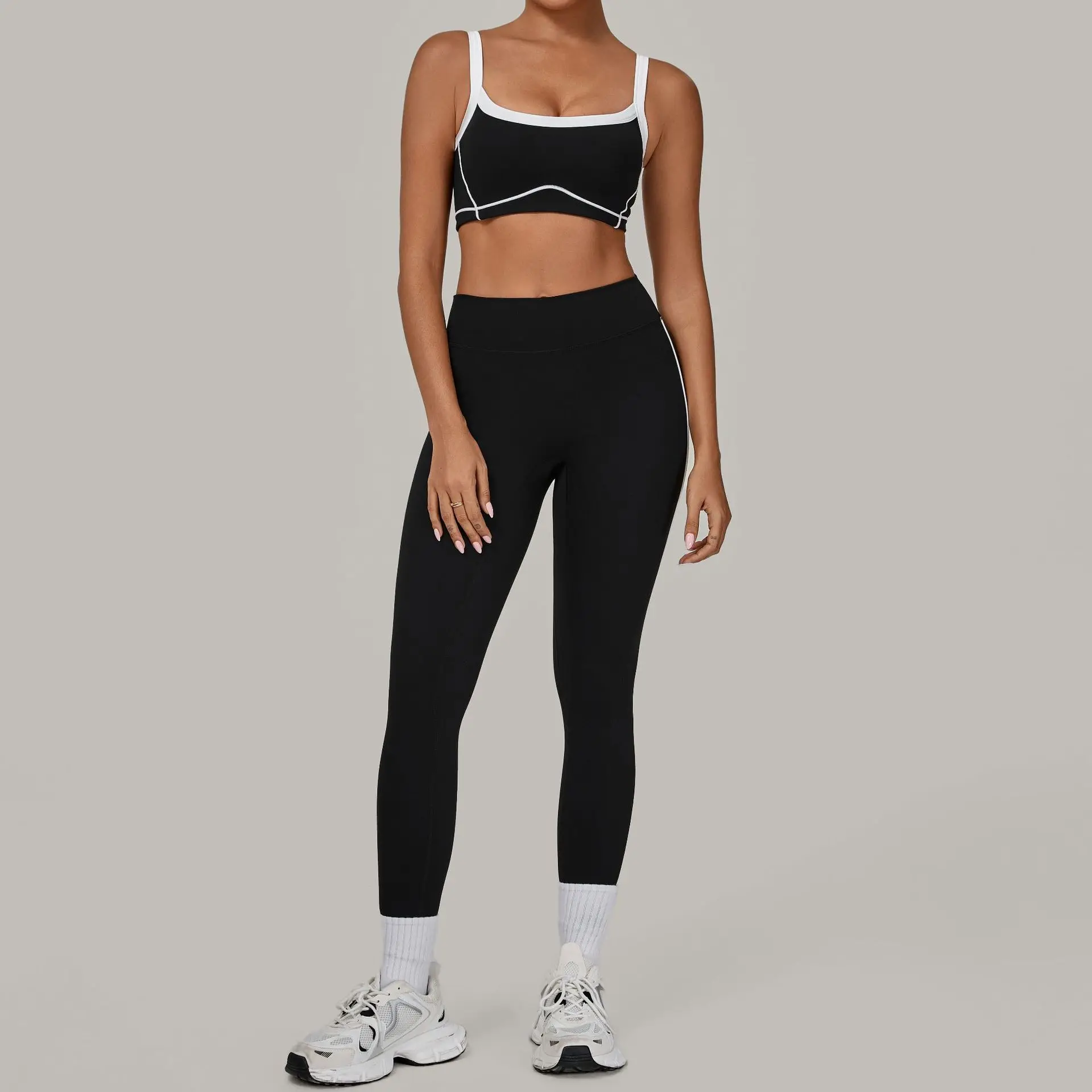 Yoga Suit Sports Fitness High Waist Tight Thin Contrasting Color Splicing Outdoor Running Breathable Pant Sports Bra 2-piece Set
