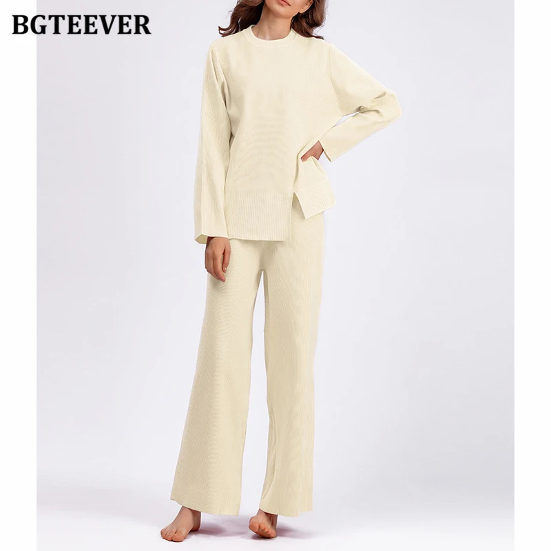 BGTEEVER Casual Loose Women Knitted Outfits O-neck Pullovers Sweaters & Wide Leg Pants Autumn Winter Ladies 2 Pieces Knitted Set