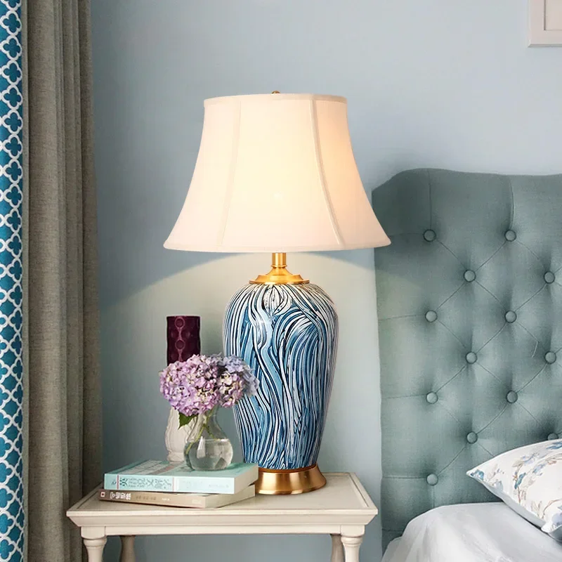 

SANDYHA Blue Stripe Design Ceramic Table Lamp LED Light for Bedroom Nightstand Living Room Indoor Lighting Fixture