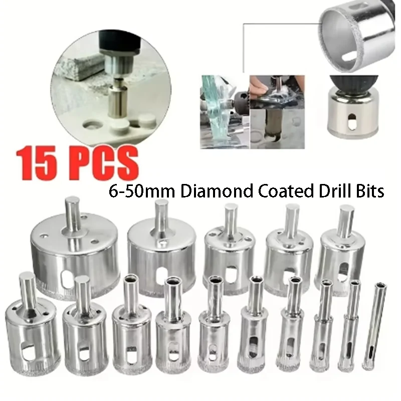 15Pcs 6-50mm Diamond Coated Drill Bits Glass Marble Cutter Opener Drill Bits Tile Hole Saw Drilling Bits Extractor Remover Tools