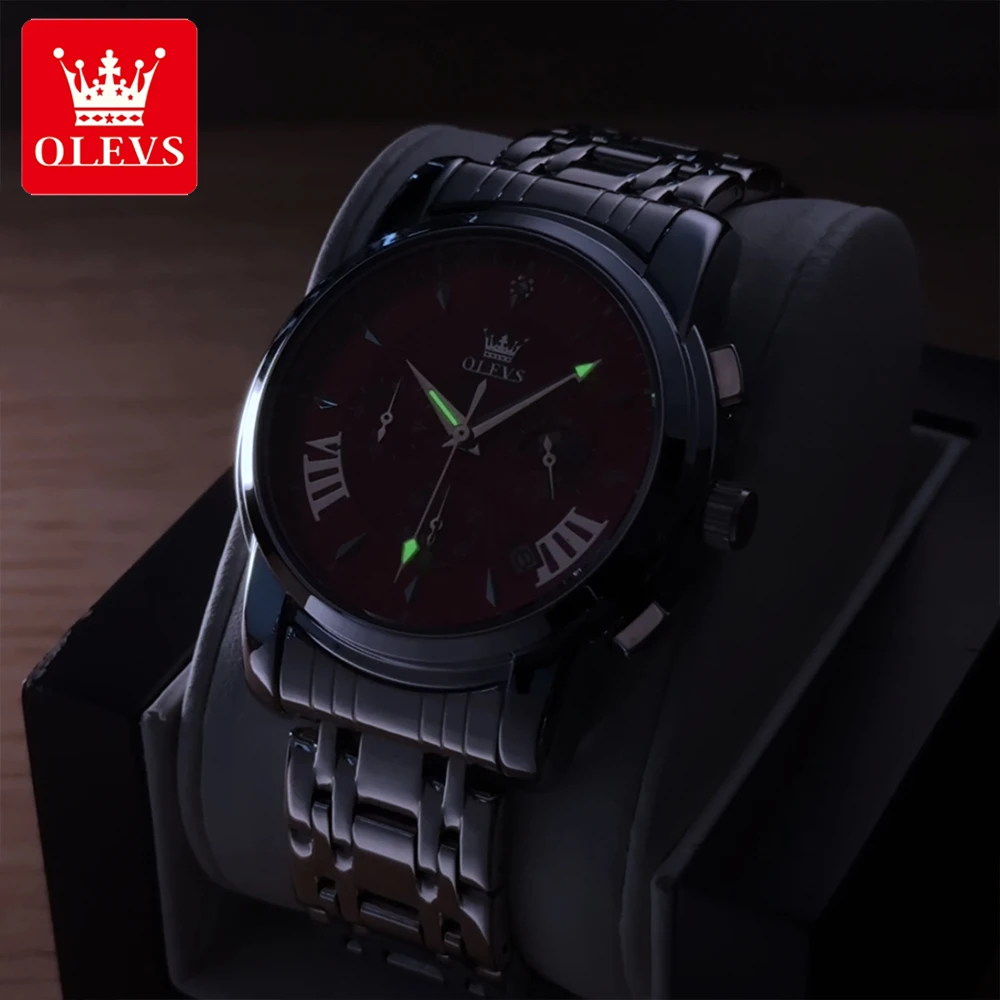OLEVS Top-Marke Herrenuhren, wasserdicht, feiner Stahl, Original-Quarz-Armbanduhr für Herren, leuchtender Mondphasen-Chronograph, Datum 2892