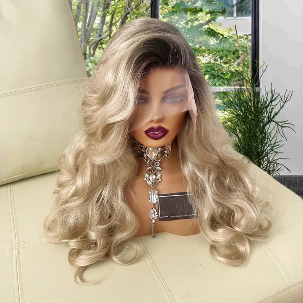 

Luxury Wig Synthetic Lace Front Wig Dark Roots Long Wavy Synthetic Hair Lace Wigs for Women Platinum Icy Blonde Free Part 13x4