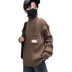 Korean Children's Turtleneck Sweater with Pocket for Boy Autumn Winter Kids Knitwear with Pocket Teen Casual Pullover Tops 5-14T