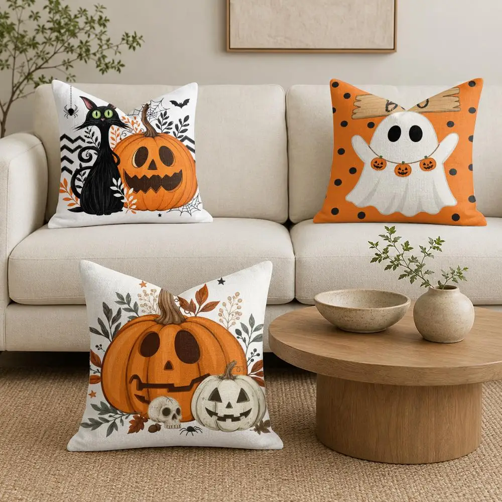 Halloween Ghost Pumpkin Cushion Cover Organic Linen Throw Pillow Cover - Double-Sided Print Breathable Cushion Case Home Decor