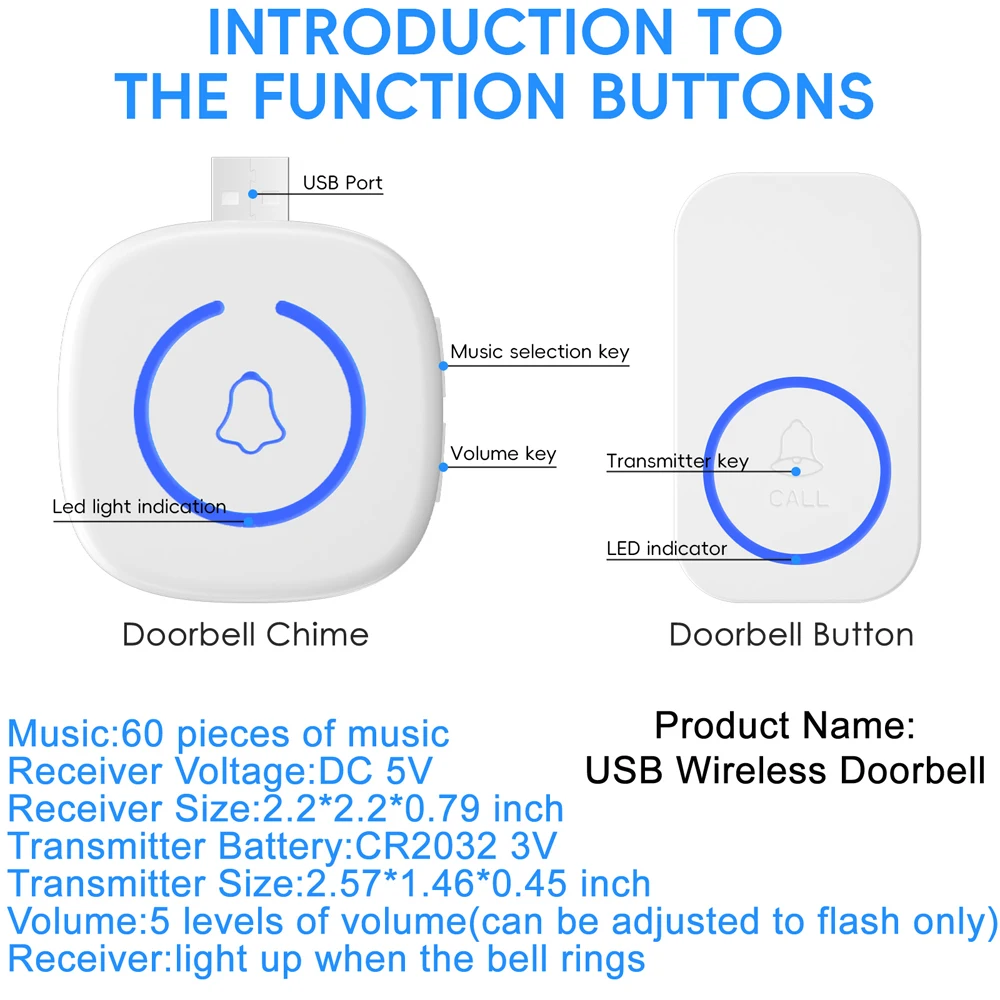 Intelligent Wireless Doorbell Waterproof USB Smart Doorbell 150M Long Wireless Distance Remote Smart USB Door Bell Chime kit