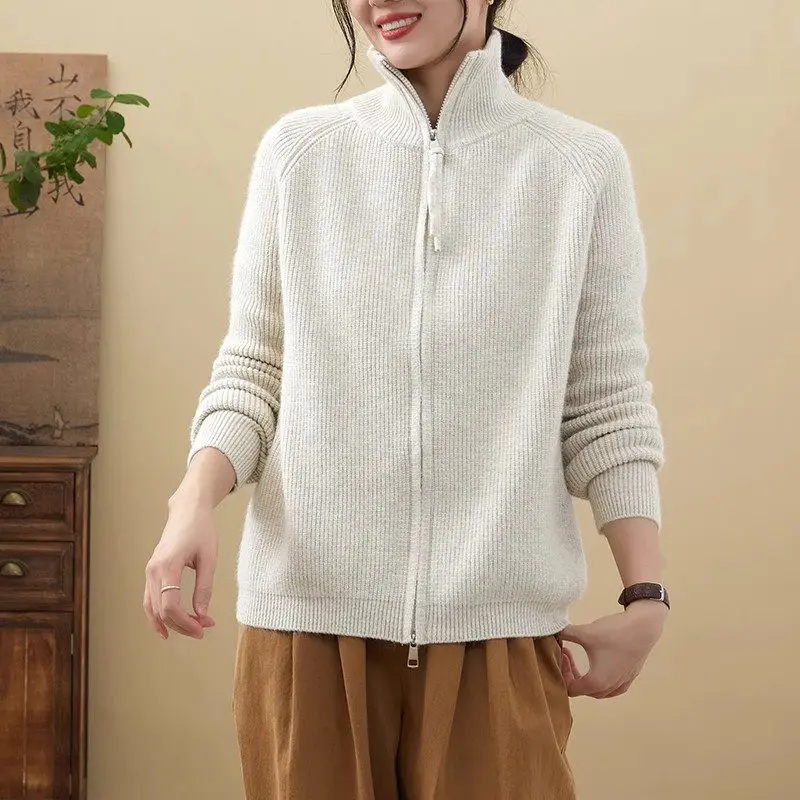 

Кашемировый свитер с двойной молнией и высоким воротом для женщин, весна-осень, повседневный стиль, свободный вязаный кардиган с длинными рукавами A309