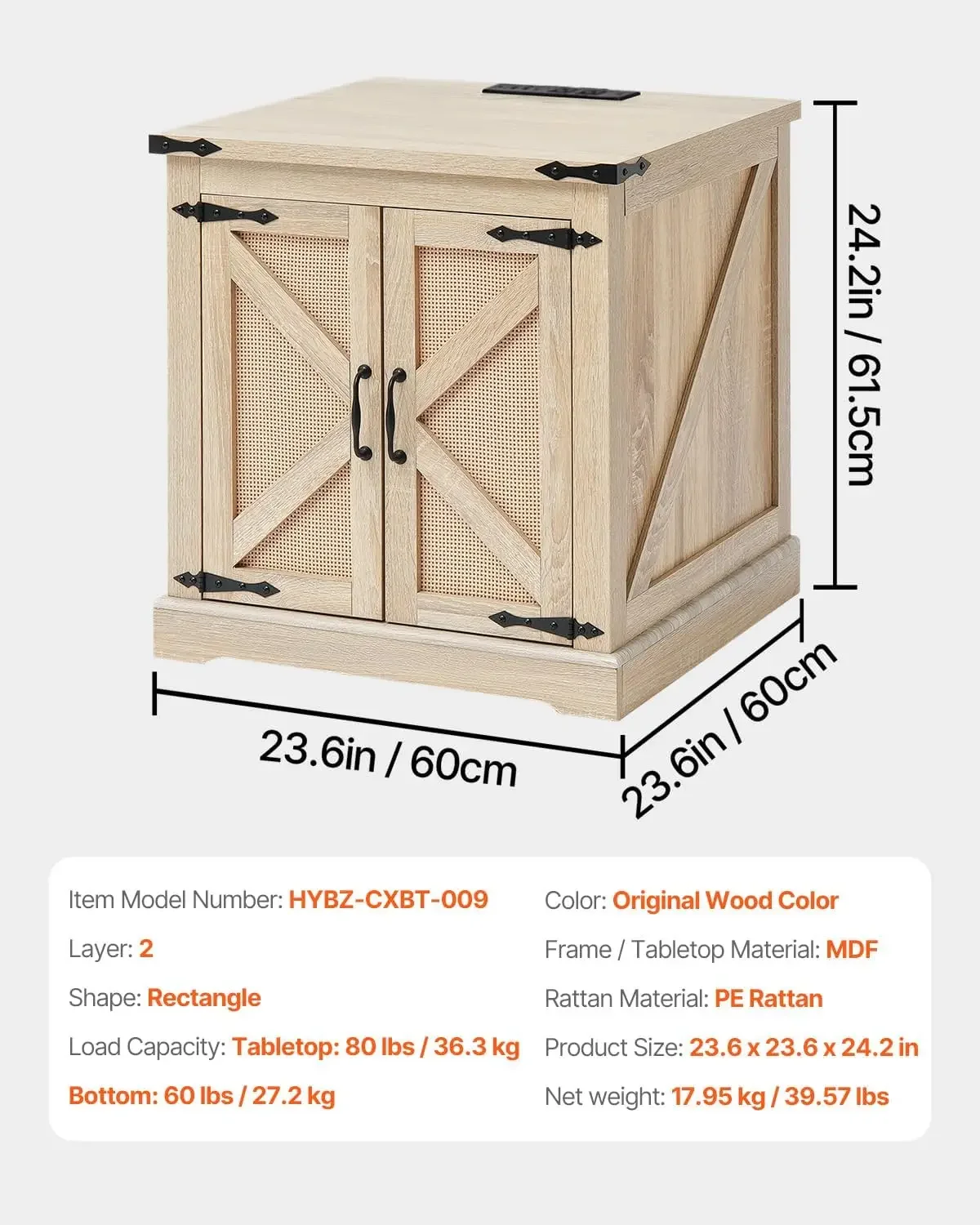 Mesa final de fazenda, mesa de centro retangular de madeira tecida em rattan PE, mesa de centro de armazenamento moderna estilo Boho de 24 polegadas