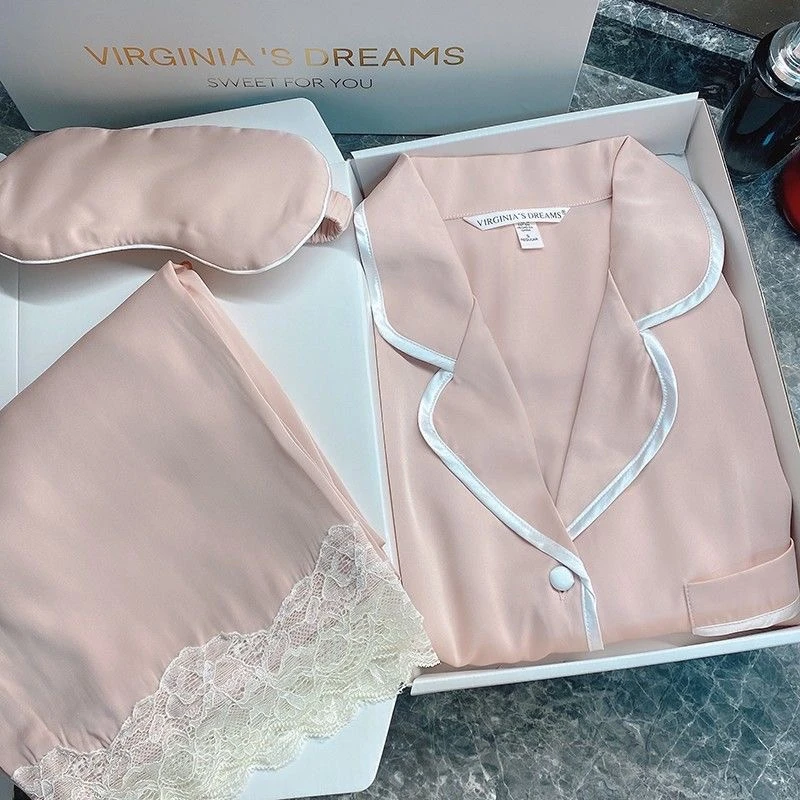 Spring Autumn New Ice Silk Soft Pajama Sets for Women Lace Lapel Cardigan Outfits for Women 2 Piece Set Sweet Pink Women Pajama