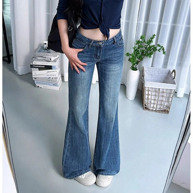 

Горячая распродажа: Женские джинсы-клеш с низкой посадкой, синие, в корейском стиле, повседневные, свободные, из денима