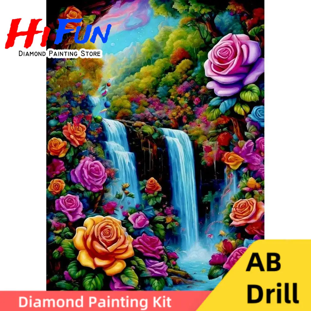

Waterfall Through Flowers AB Drills Diamond Painting Mosaic Cross Stitch Nature Fantasy Woodland Art Serene Jungle Wall Art