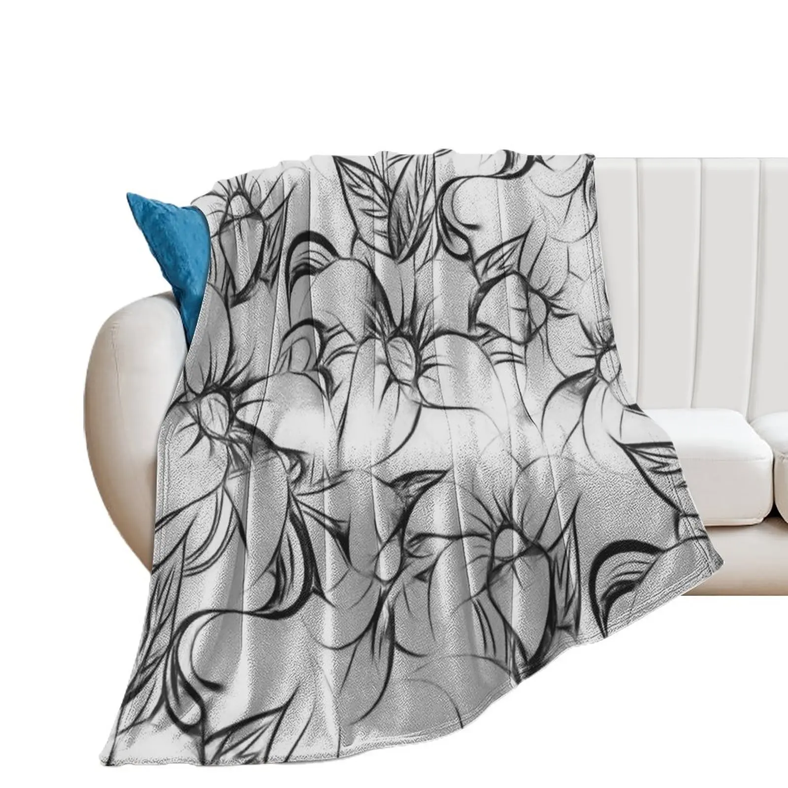 Black and white pencil sketch floral pattern Throw Blanket Hairy Flannel Fabric Travel Custom Blankets