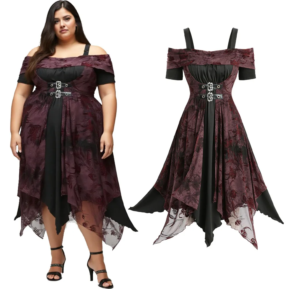 

ROSEGAL Plus Size Tank Dresses Tie Dye Printed Floral Flocking Ruched Buckles Panel Cold Shoulder Dress For Women Spring Summer