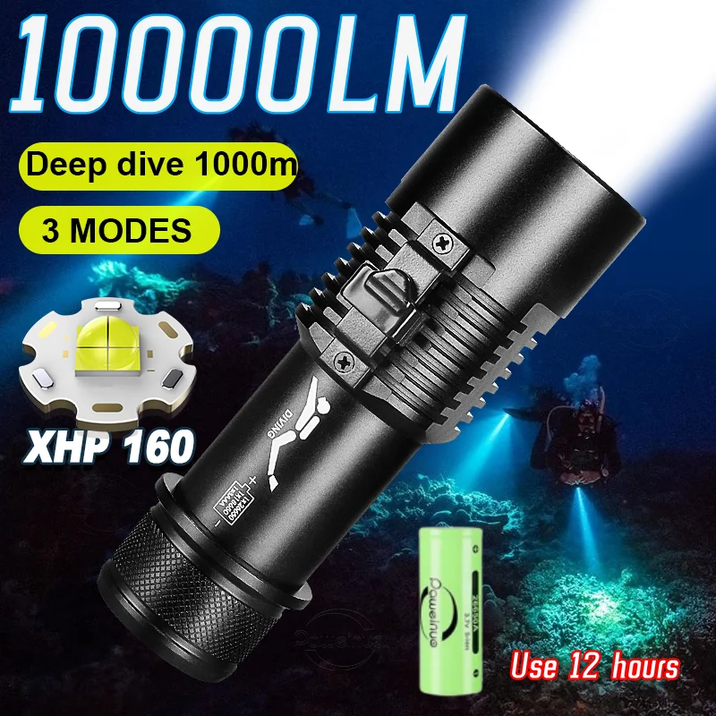 10000LM XHP160 LED High Power Diving Torch IPX8 Professional Diving Flashlight Underwater Lantern Scuba Diving Waterproof Lamp