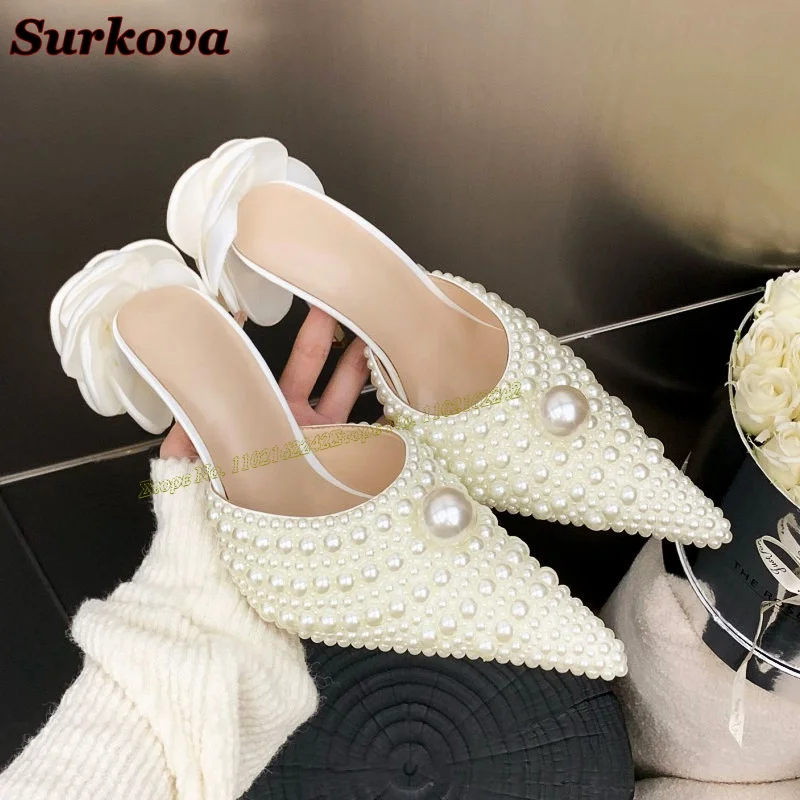 Summer White Pearl Wedding Pumps Pointed Stiletto Shallow Mouth Flower Women'S Shoes Fashion Party Banquet Dress High Heels 40