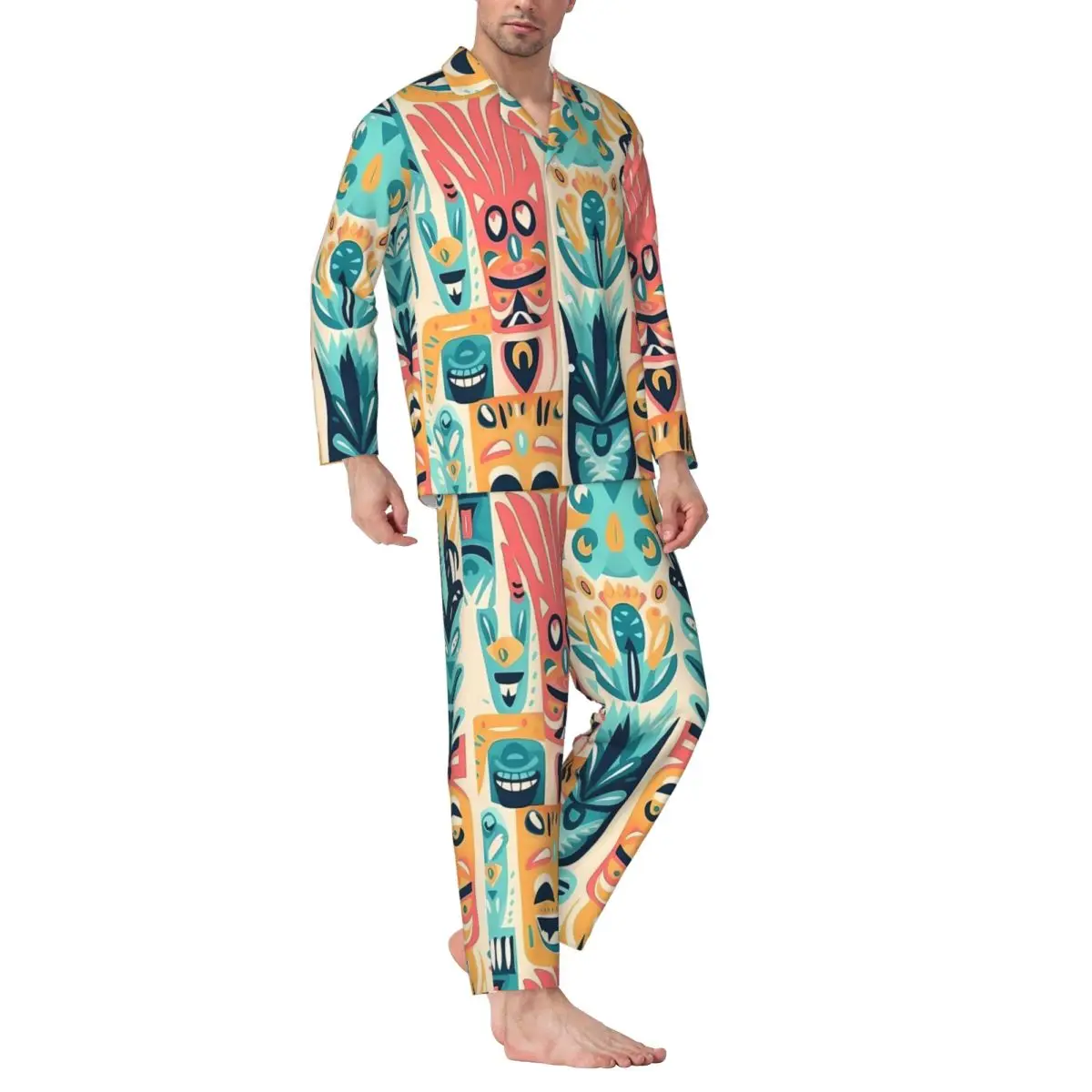 Hawaiian Sleepwear Autumn Tropical Tiki Flowers and Plants Casual Oversize Pajama Sets Male Long Sleeves Warm Room Home Suit