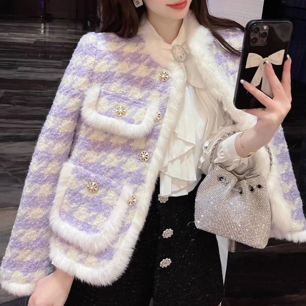 

Mink hair jacket female 2025 swing winter thousand bird grid violet celebrity thin padded woolen cotton clothing female