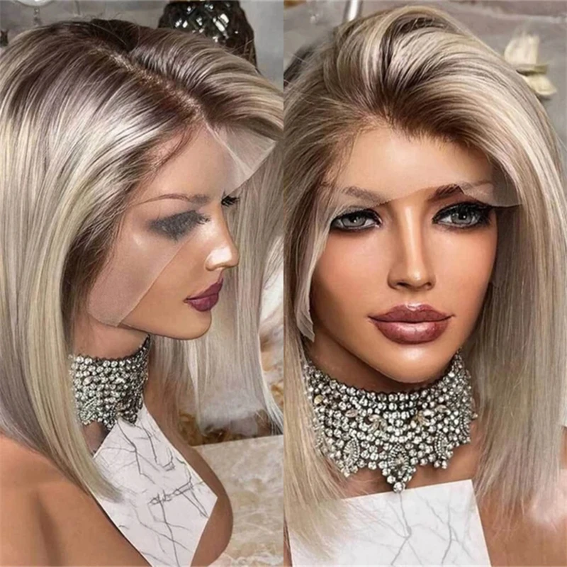 

Синтетический парик омбре платиновый блонд с HD-кружевом спереди, с темными корнями, невидимым прозрачным кружевом, реалистичный вид, естественная линия волос